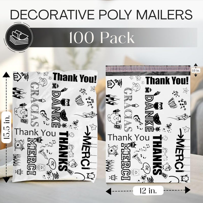 Shop4Mailers 12 x 15.5 Glossy Decorative Thank You Plastic Poly Mailer Bags Waterproof Shipping Mailing Envelope 2 Mil â€“ Permanent Adhesive Seal (100 Pack, Multi-Language) - Image 2